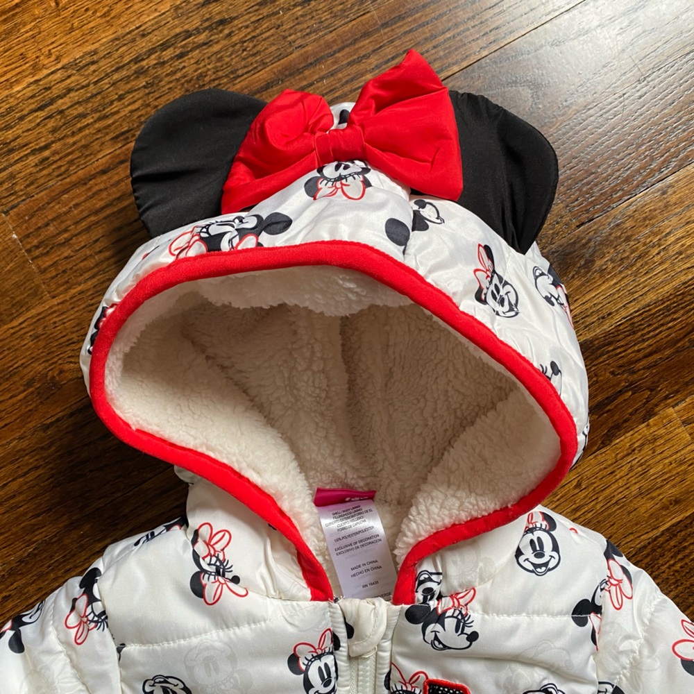 3T Disney MINNIE toddler hooded puffer jacket Minnie Mouse ears bow Sequins - Picture 4 of 16